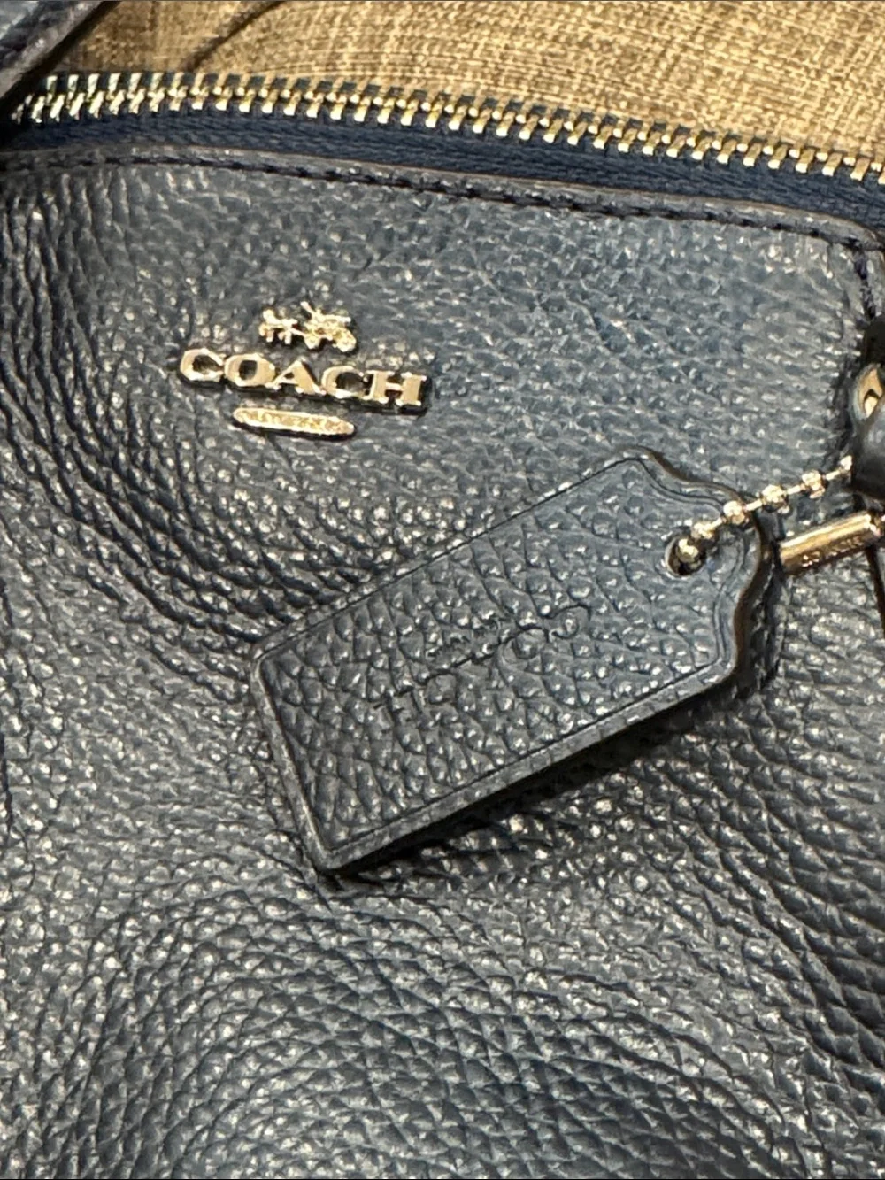 COACH Bag Mini Kelsey Pebbled Leather Metallic Navy Tote Crossbody - Picture 15 of 17